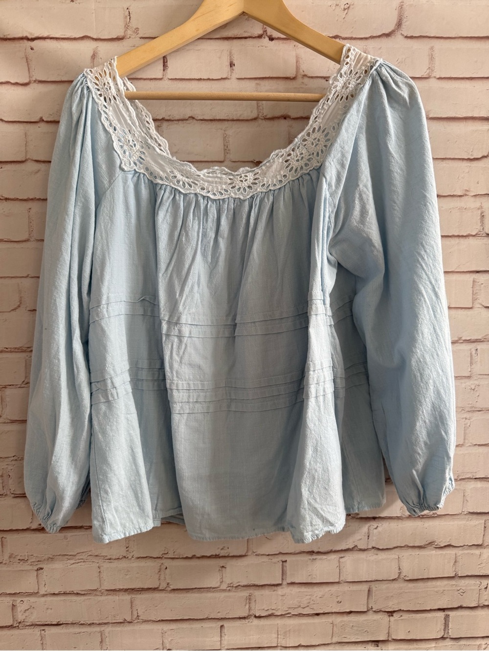 Women's Light Blue Peasant Blouse with Crochet Trim